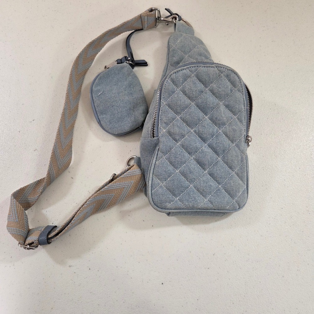 Rae Dunn Quilted Denim Sling Bag Crossbody Light Wash Blue with Coin Pouch